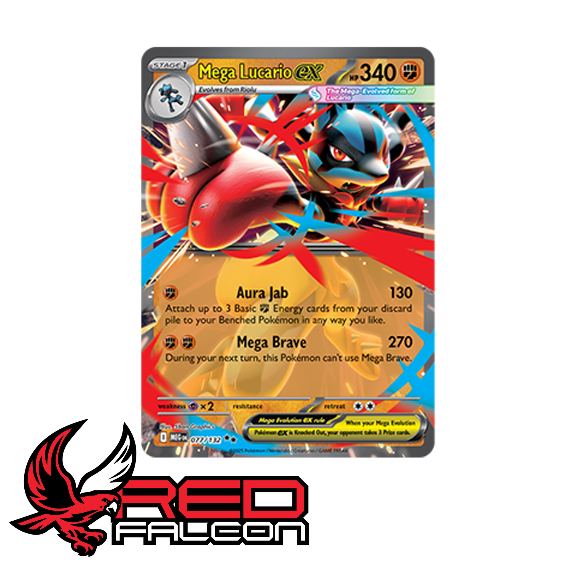 A detailed close-up shot of the premium Mega Lucario ex foil card included as the primary focus of this League Battle Deck.