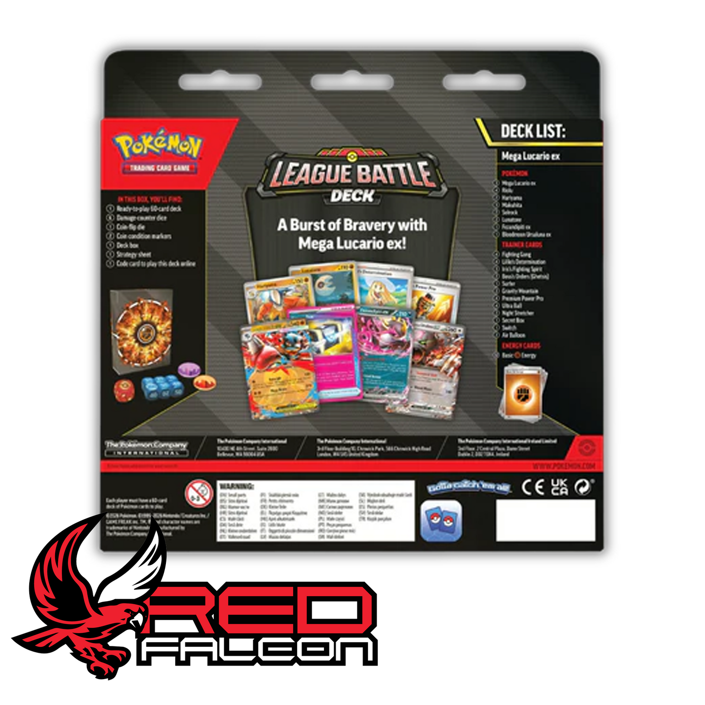 The reverse side of the Mega Lucario ex League Battle Deck box displaying the complete 60-card decklist and gameplay components.