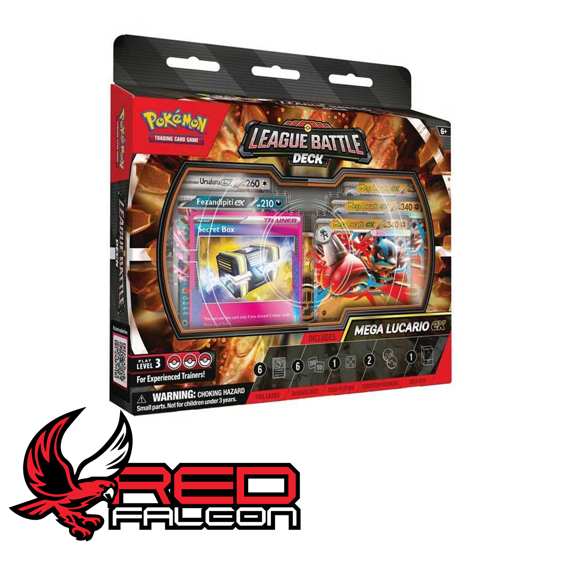 The front view of the factory-sealed Pokémon TCG Mega Lucario ex League Battle Deck box showcasing the aura master artwork.