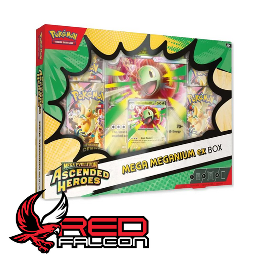 The front view of the Pokémon TCG Mega Evolution Ascended Heroes Mega Meganium ex Box.