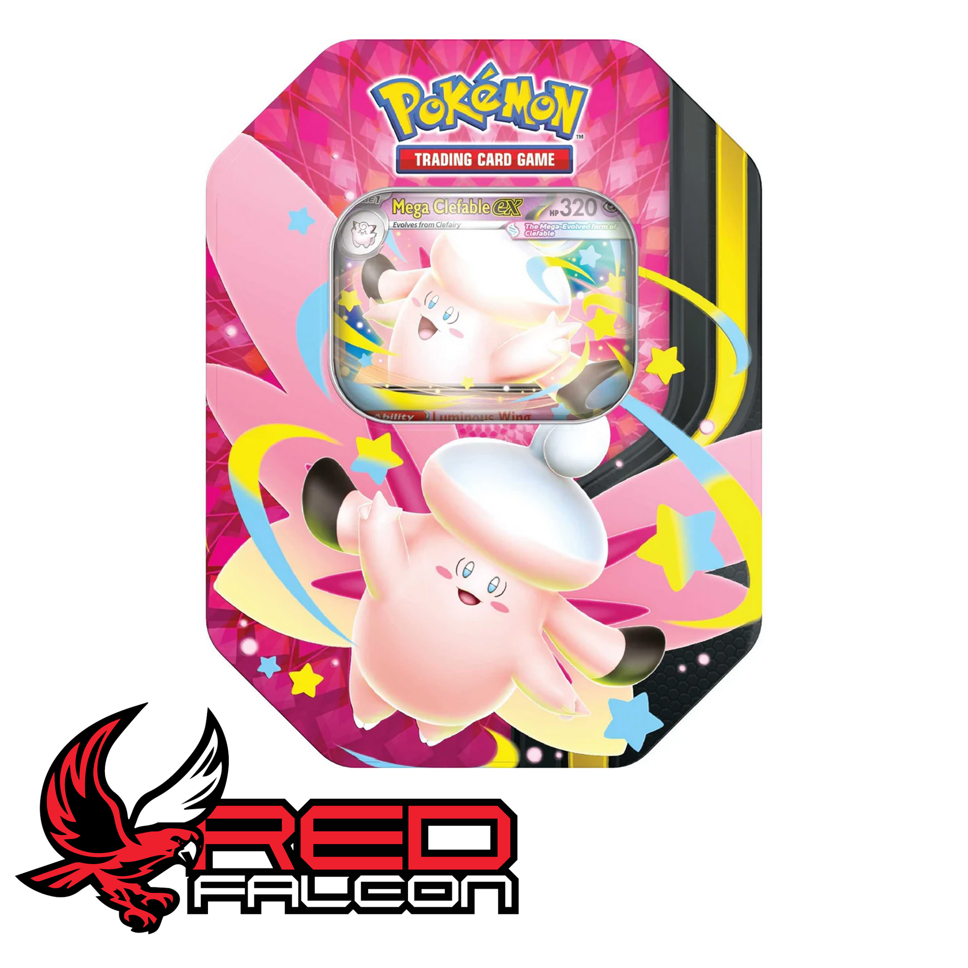 The front view of the factory-sealed Pokémon TCG Mega Moonlit Tin featuring the Mega Clefable artwork design.