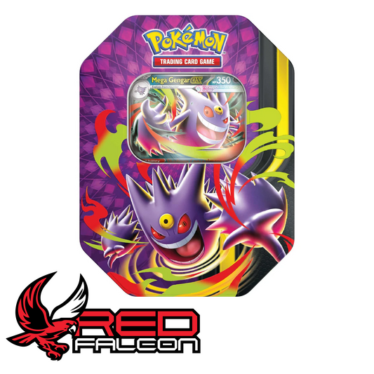 The front view of the factory-sealed Pokémon TCG Mega Moonlit Tin featuring the Mega Gengar artwork design.