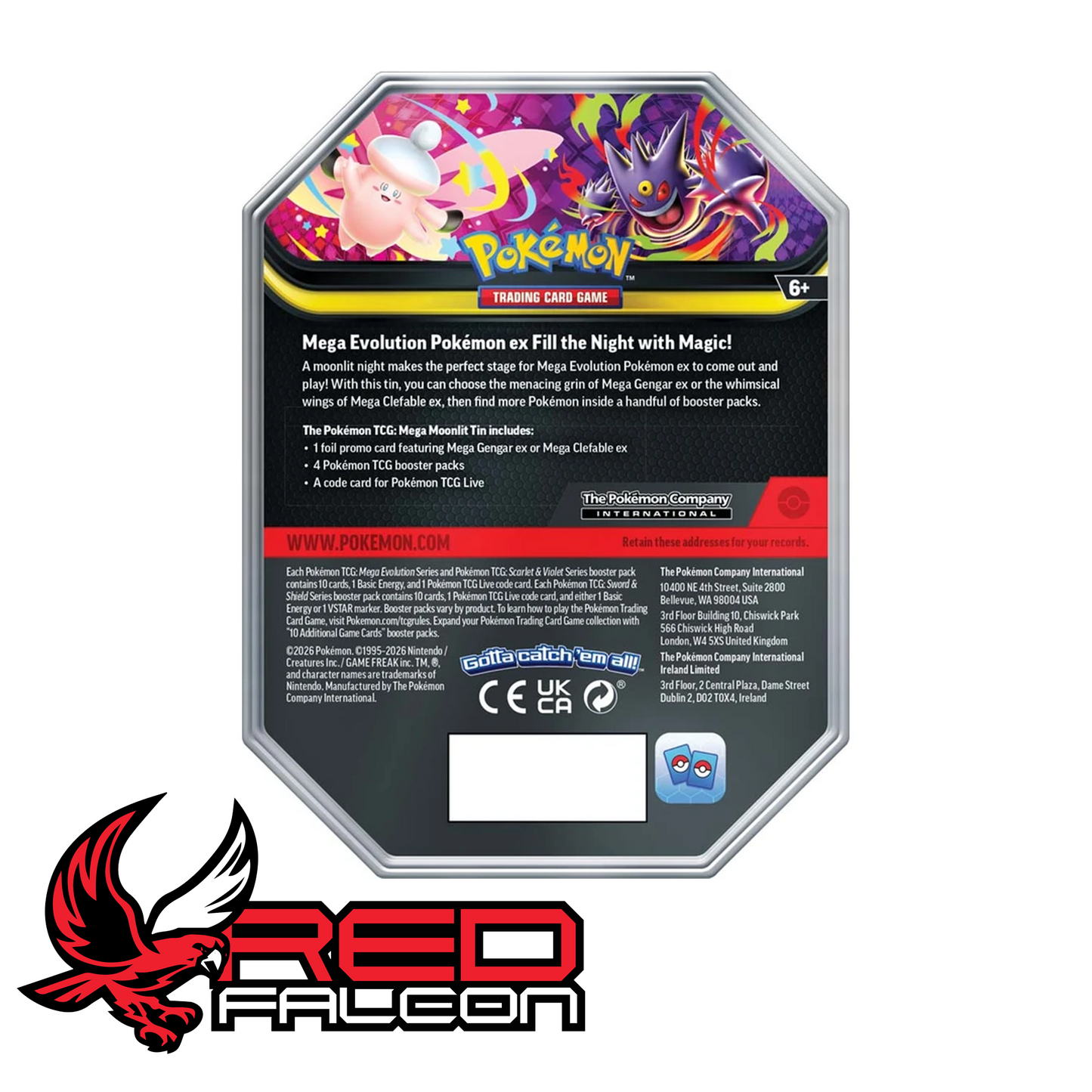 The bottom of a Mega Moonlit Collector's Tin displaying the safety warnings, trademark details, and legal information.