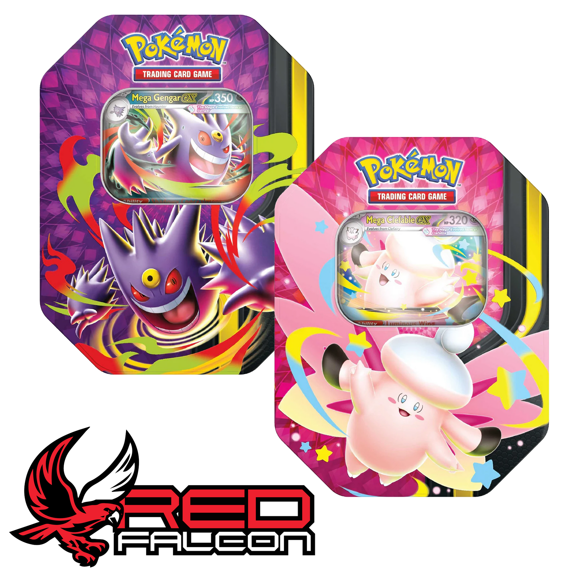 Both the Mega Gengar and Mega Clefable variants of the Pokémon TCG Mega Moonlit Collector's Tins displayed side by side.