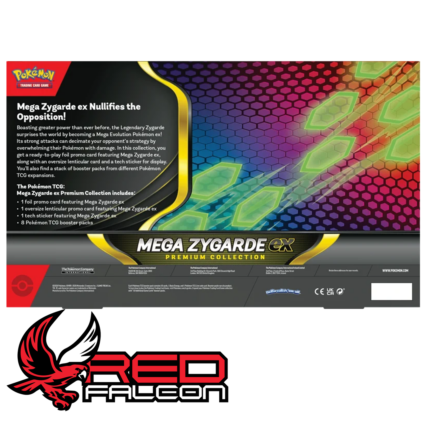 The back of the Mega Zygarde ex Premium Collection box featuring product descriptions and set contents.