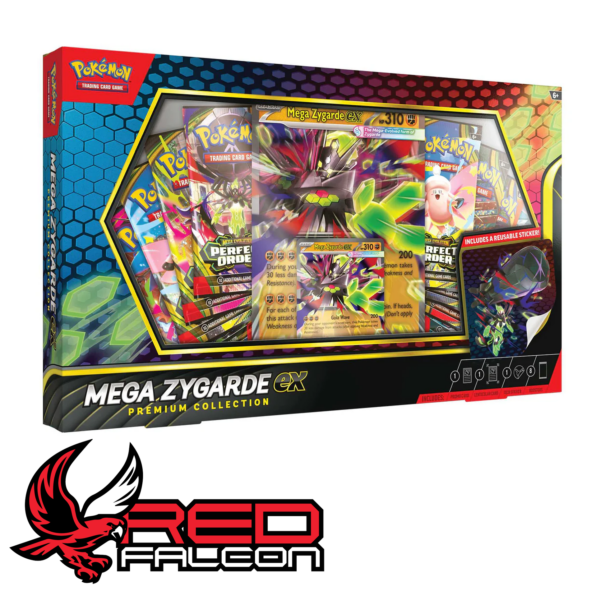 The front view of the Pokémon TCG Mega Zygarde ex Premium Collection box showcasing the promo cards and booster packs.