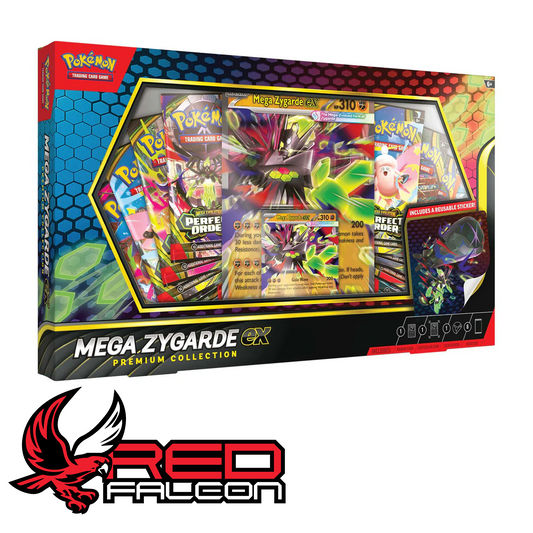 The front view of the Pokémon TCG Mega Zygarde ex Premium Collection box showcasing the promo cards and booster packs.