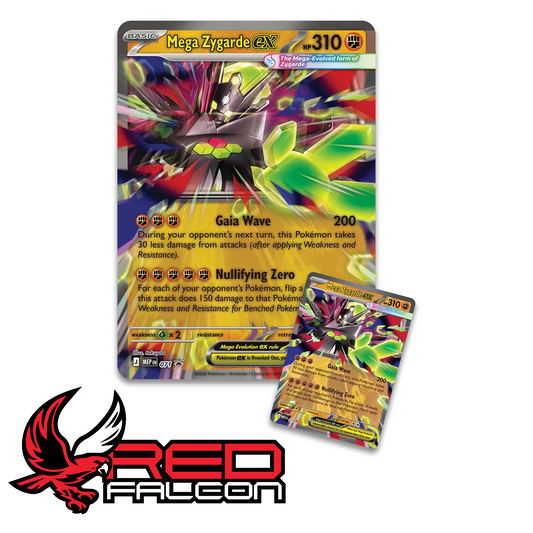 The foil Mega Zygarde ex promo card alongside its matching oversized jumbo display card.