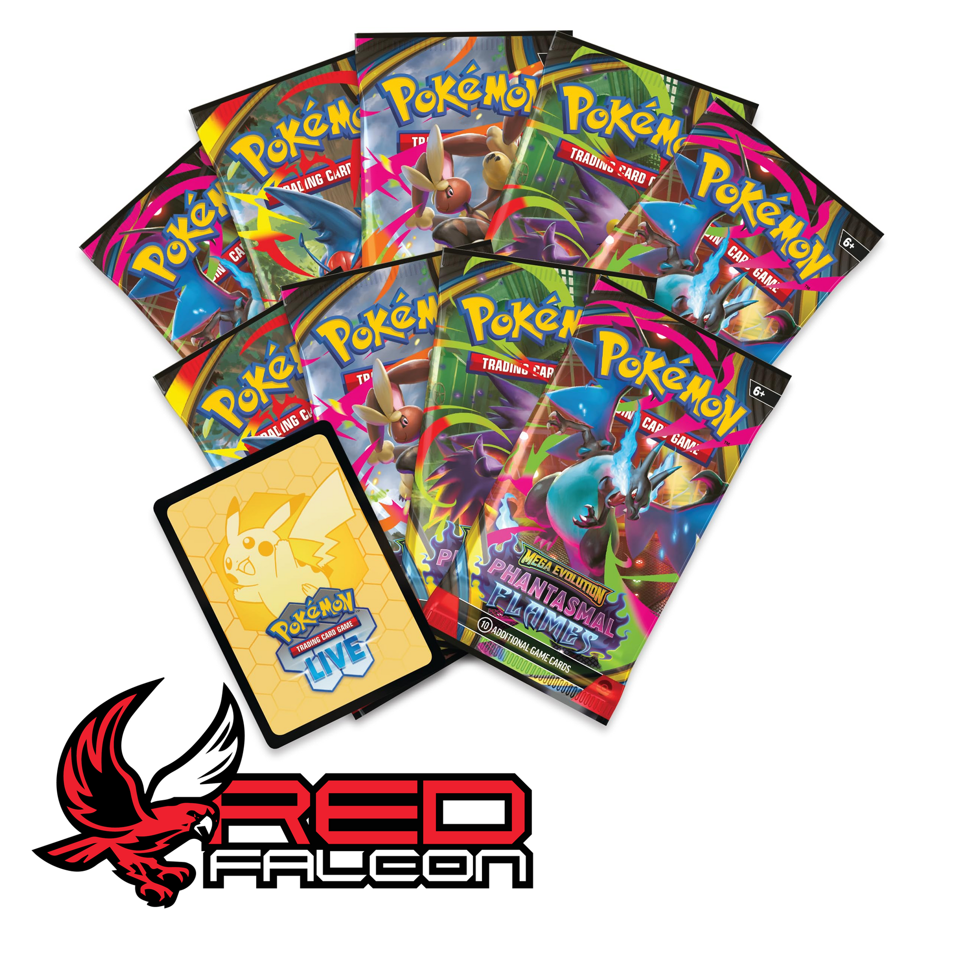 The nine Phantasmal Flames booster packs and the Pokémon TCG Live code card included in the Elite Trainer Box.