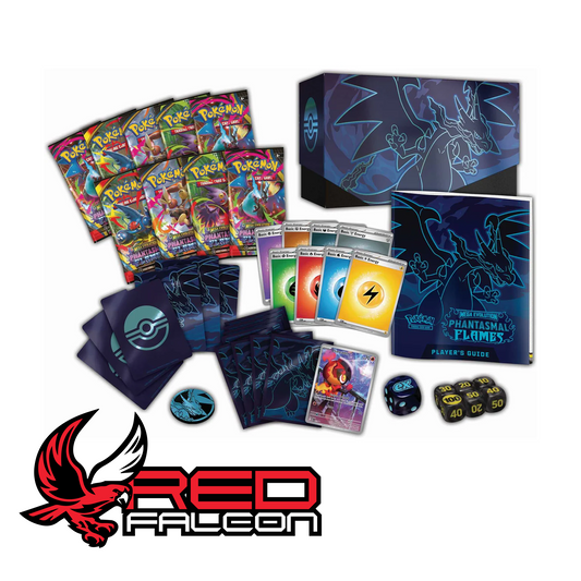A full spread of the Phantasmal Flames Elite Trainer Box contents including packs, sleeves, dice, and markers.