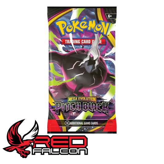 The front view of a Pokémon TCG Pitch Black booster pack featuring the first of four unique dark-themed artwork variations.