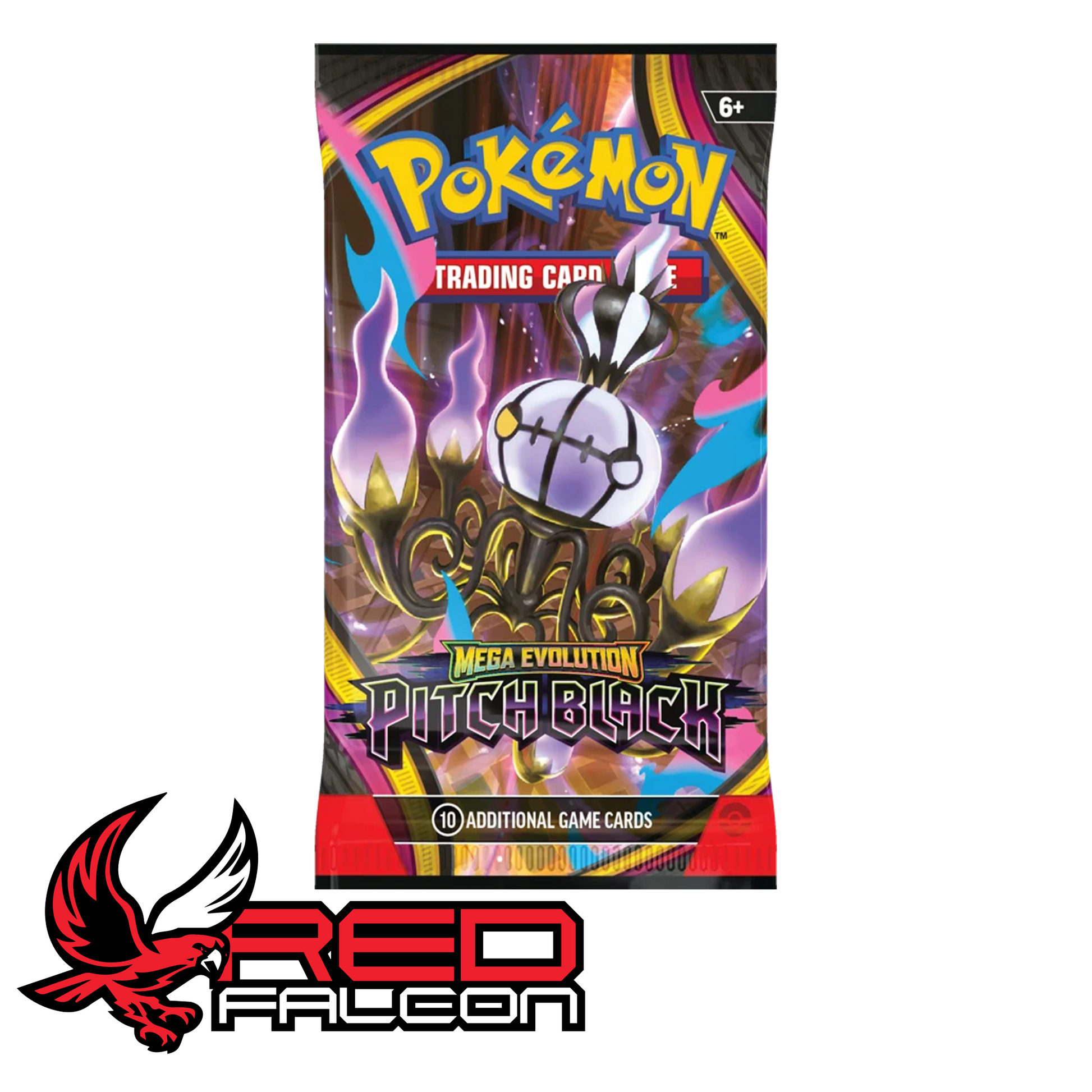 The front view of a Pokémon TCG Pitch Black booster pack featuring the third of four unique dark-themed artwork variations.