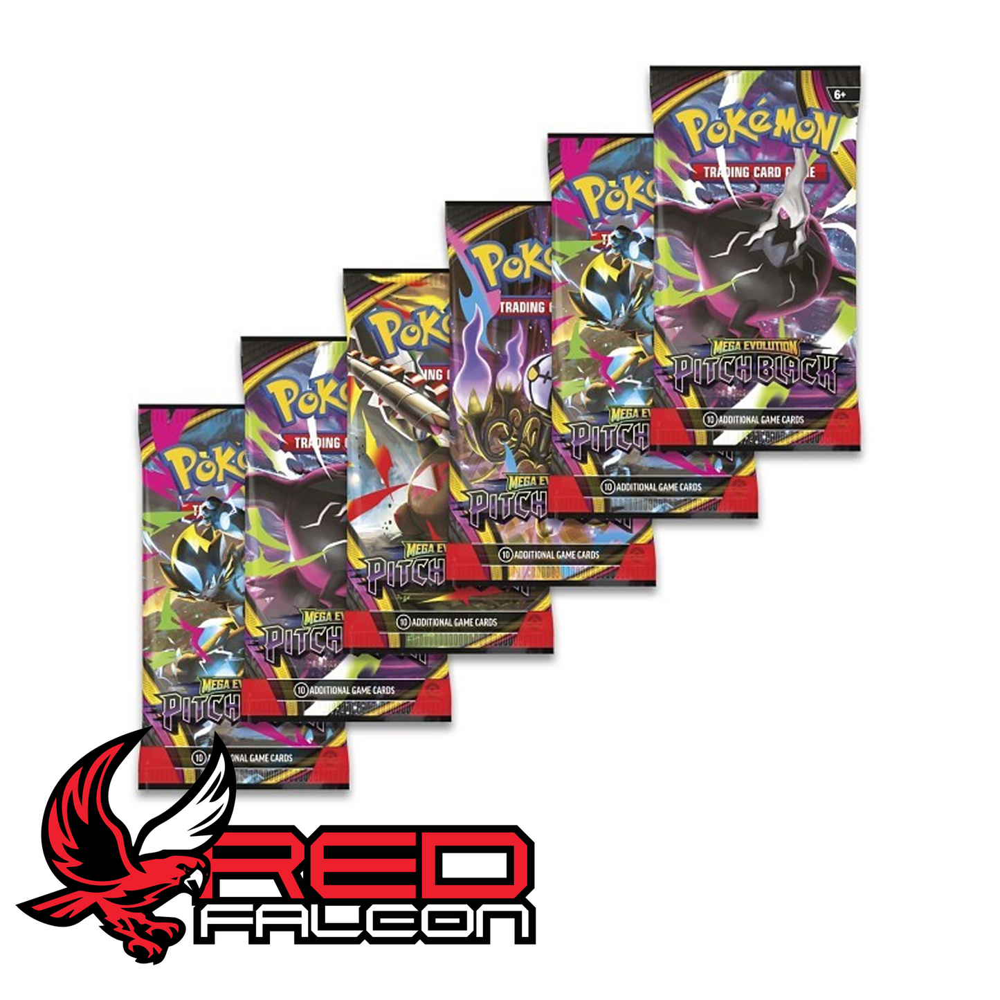 A fanned-out spread of multiple Pokémon TCG Pitch Black booster packs showcasing a mix of all four artwork variants side by side.