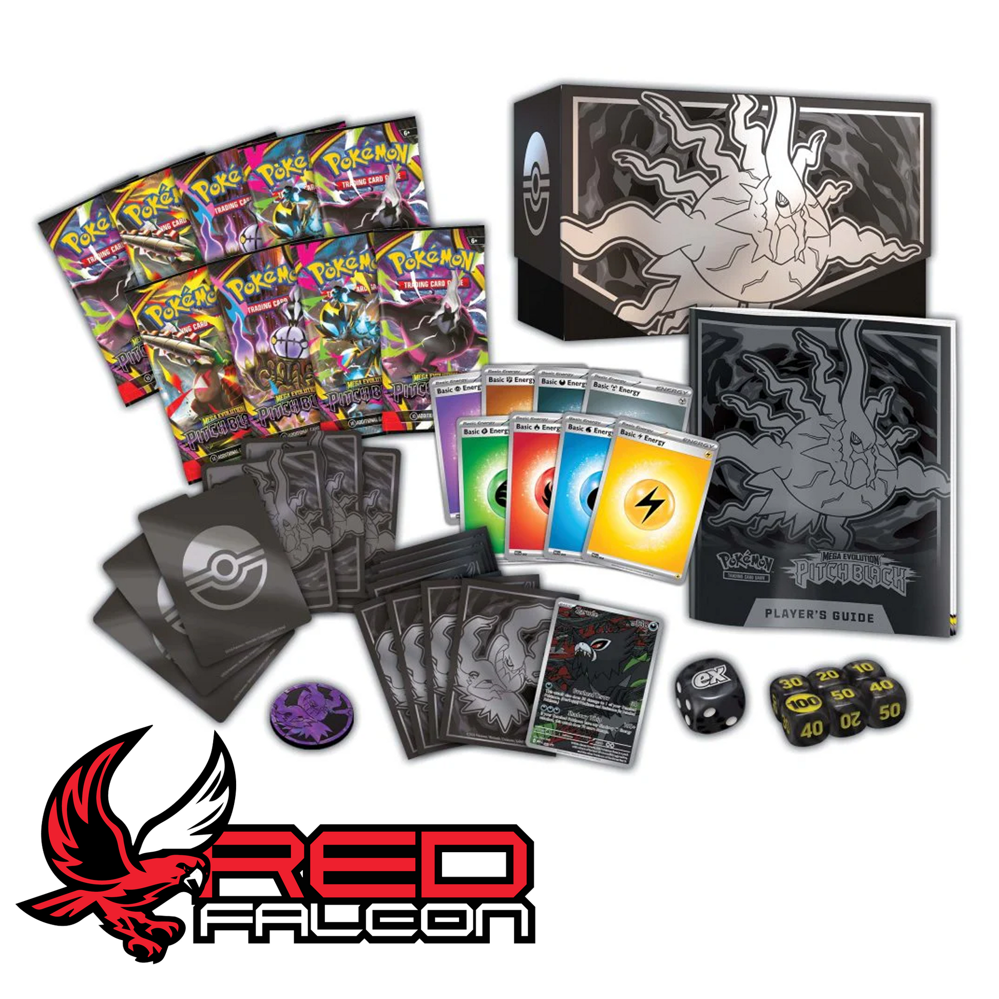 The full contents of the Pokémon TCG Pitch Black Elite Trainer Box laid out, including booster packs, card sleeves, promo card, energy cards, and accessories.