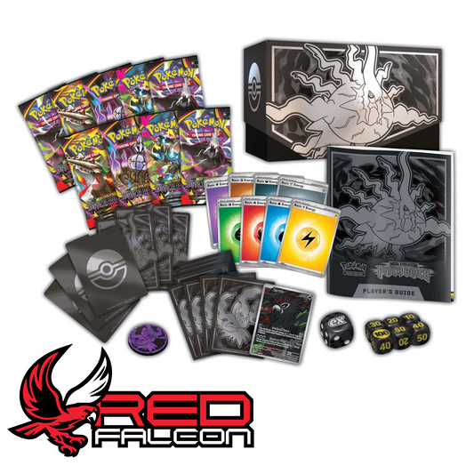 The full contents of the Pokémon TCG Pitch Black Elite Trainer Box laid out, including booster packs, card sleeves, promo card, energy cards, and accessories.
