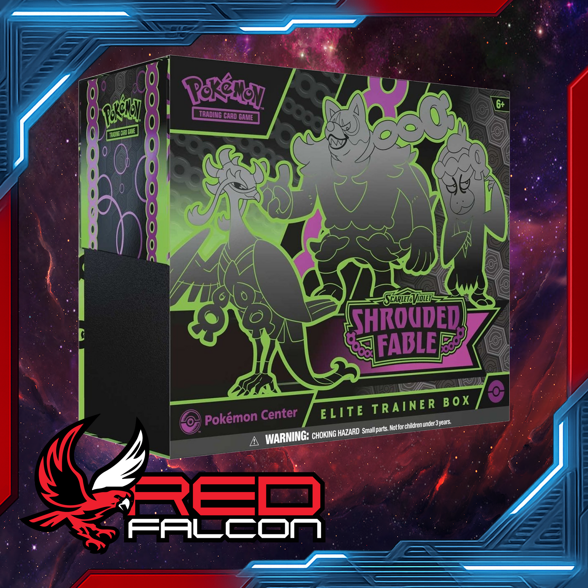 Pokémon TCG Pokémon Center Elite Trainer Box Shrouded Fable with booster packs, card sleeves, dice, and collector box
