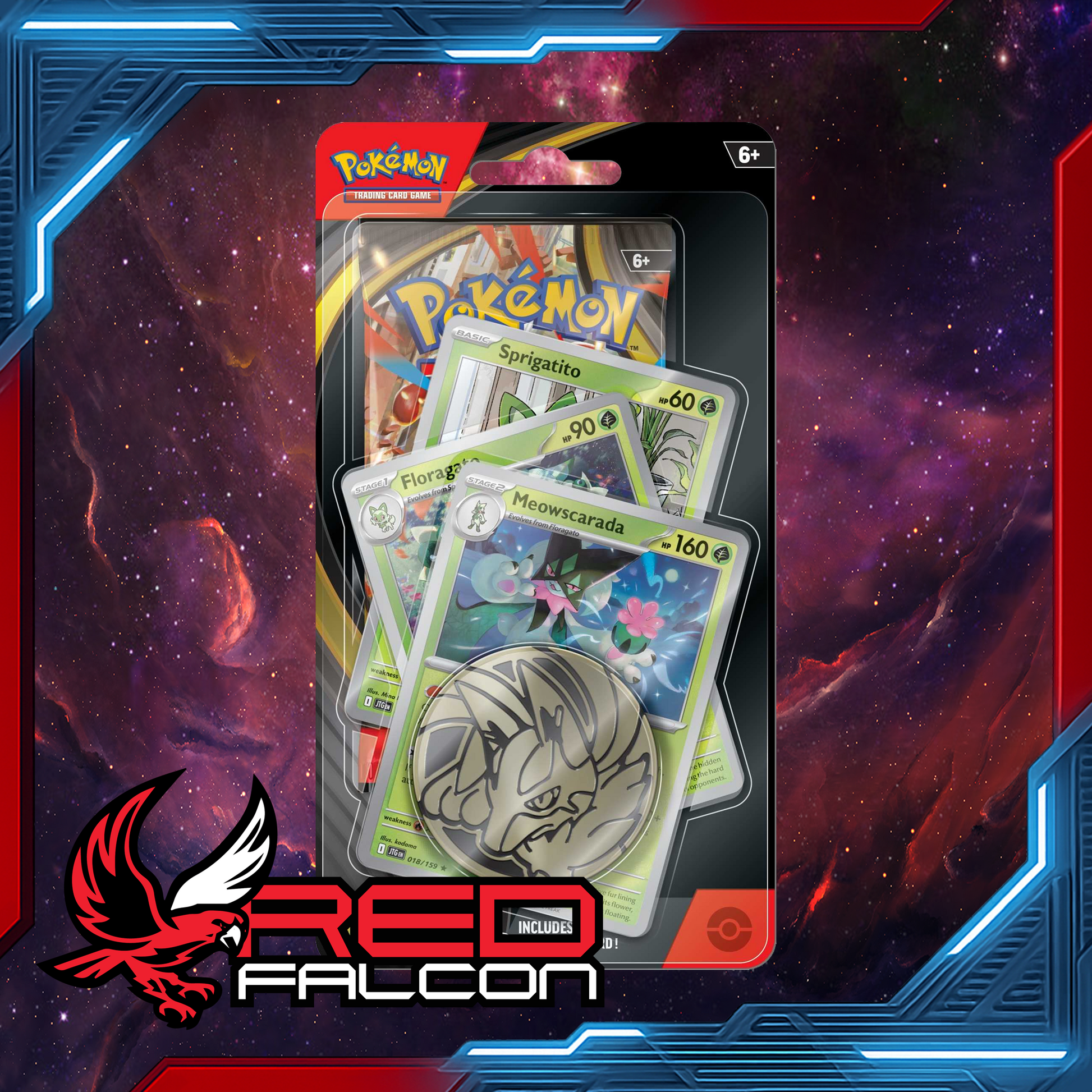 Pokémon TCG Premium Checklane – Meowscarda promo, includes 3 promo cards, collectible coin, booster pack and code card