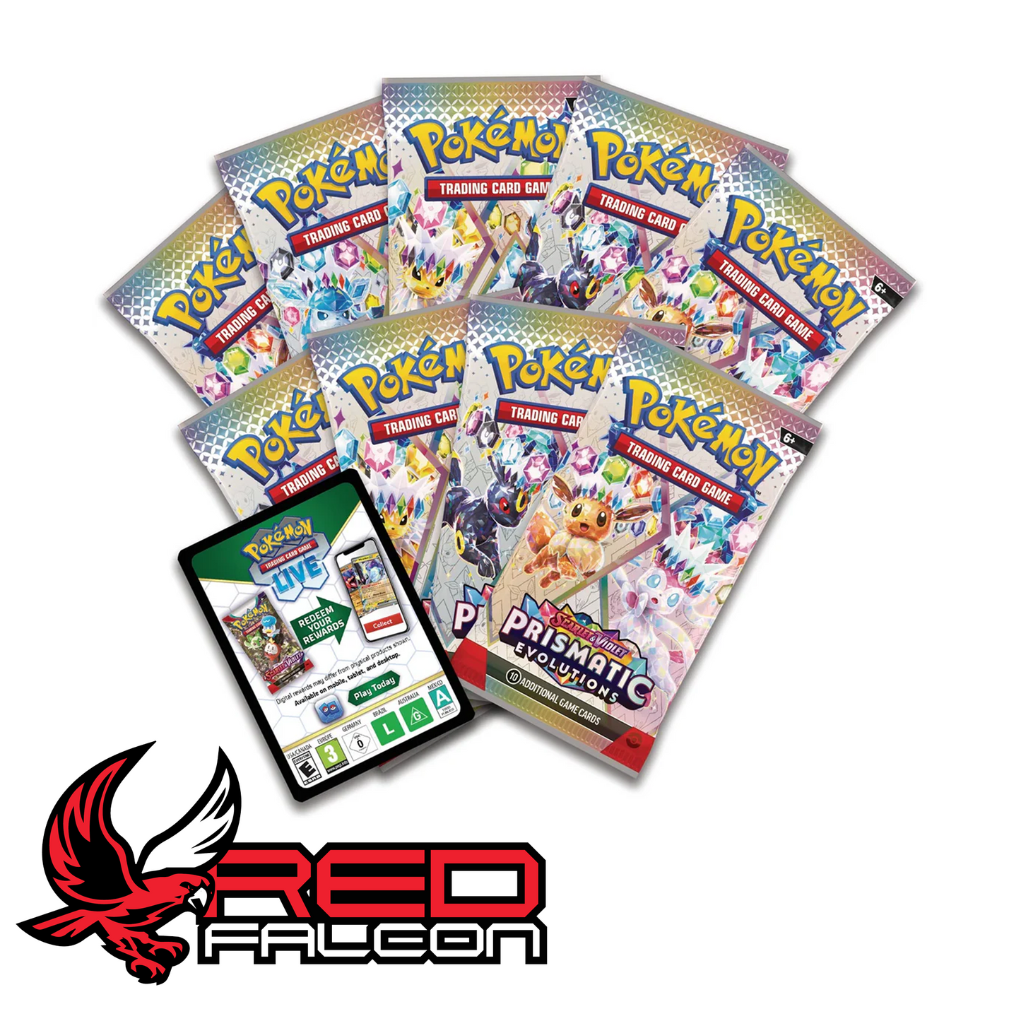 Nine Scarlet & Violet—Prismatic Evolutions booster packs and an online TCG Live code card from the Elite Trainer Box.