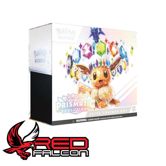 The front view of the Pokémon TCG Scarlet & Violet—Prismatic Evolutions Elite Trainer Box featuring a colorful Eevee-themed design.
