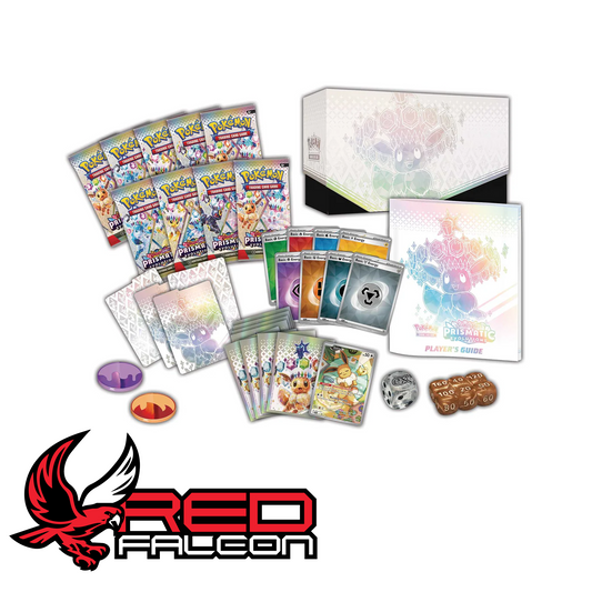 The full contents of the Prismatic Evolutions ETB, including Eevee card sleeves, energy cards, dice, markers, and booster packs.