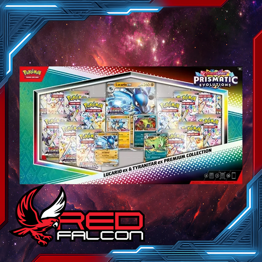 Pokémon TCG Prismatic Evolutions Lucario ex & Tyranitar ex Premium Collection box with promo cards and booster packs