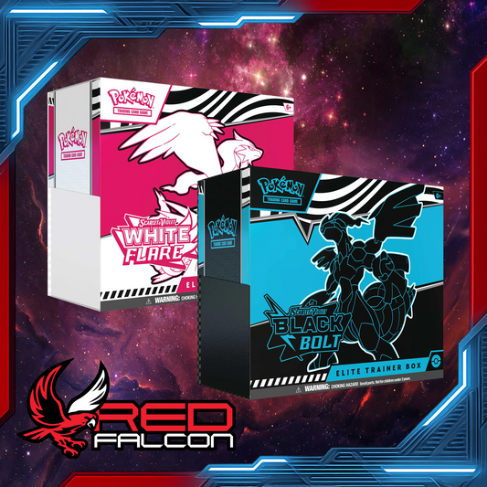 Pokémon TCG Scarlet & Violet 10.5 Black Bolt and White Flare Elite Trainer Boxes featuring Zekrom and Reshiram side by side.