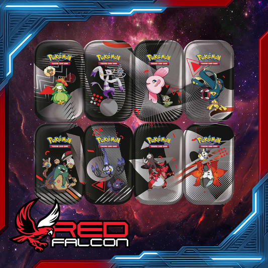 All eight Pokémon TCG Scarlet & Violet 10.5 Unova Mini Tin designs featuring Snivy, Tepig, Oshawott, Zekrom, Reshiram, and other Unova region Pokémon.