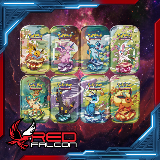 All eight Pokémon TCG Scarlet & Violet 8.5 Prismatic Evolutions Mini Tins featuring different character artwork in a full variant collection layout.