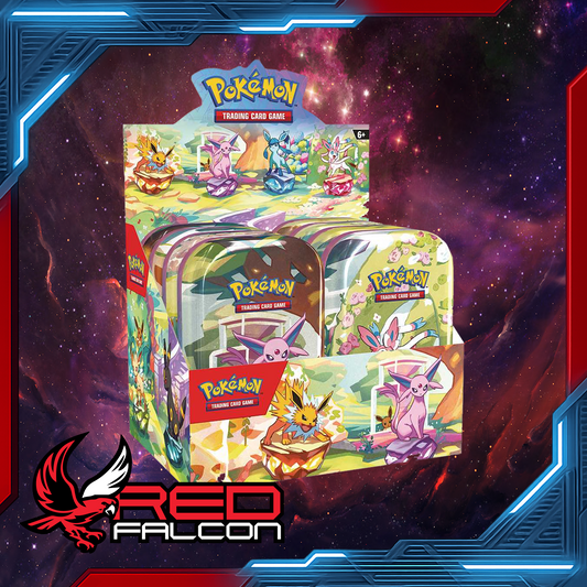 Sealed case of Pokémon TCG Scarlet & Violet 8.5 Prismatic Evolutions Mini Tins, showing full CDU packaging for retail or bulk purchase.