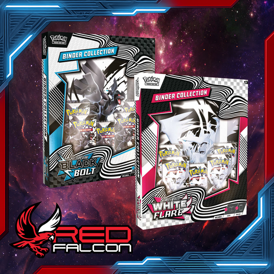 Pokémon TCG Scarlet & Violet Black Bolt and White Flare binder collections featuring Zekrom and Reshiram side by side.