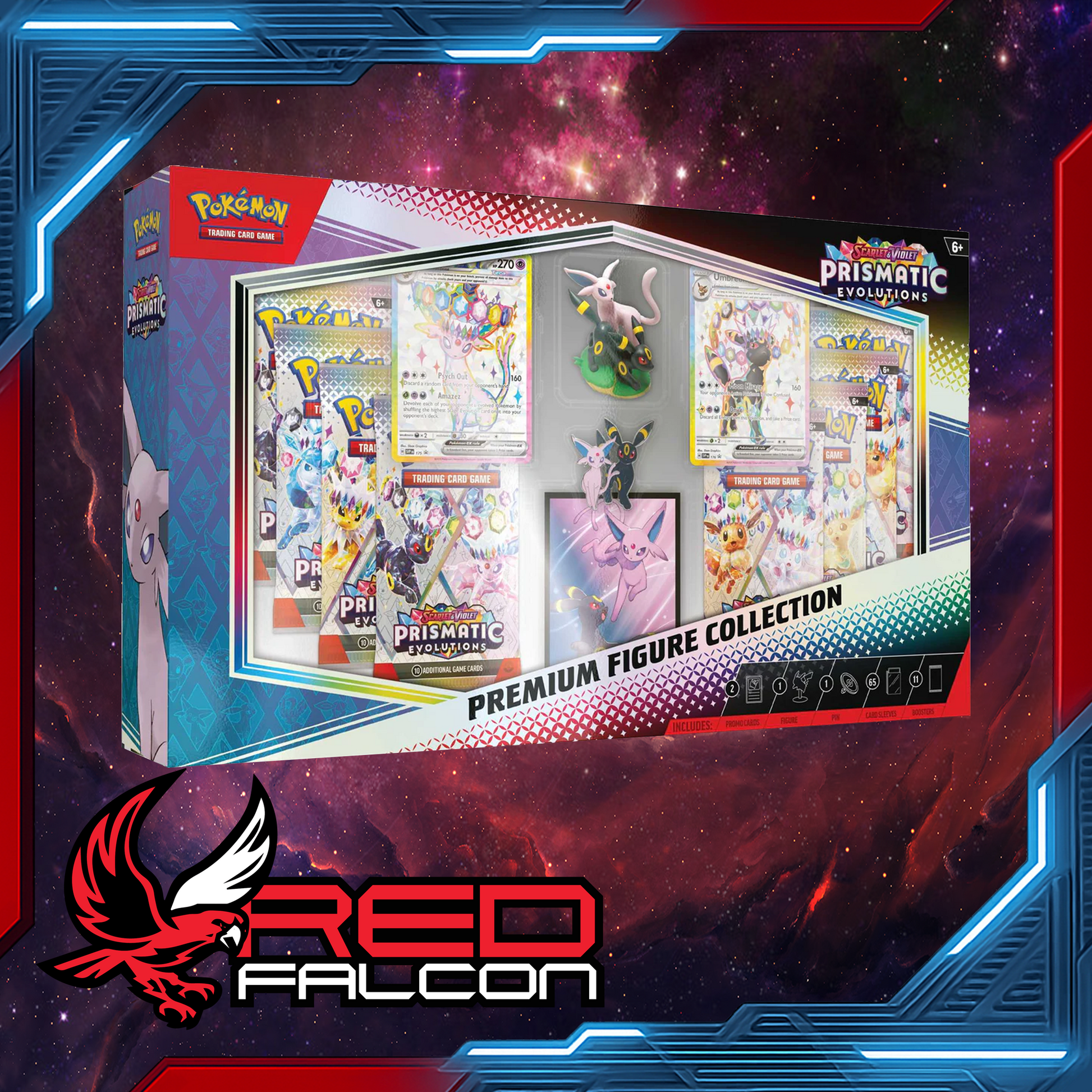 Pokémon TCG Scarlet & Violet Prismatic Evolutions Premium Figure Collection box featuring Espeon & Umbreon figure, promo cards, sleeves and booster packs
