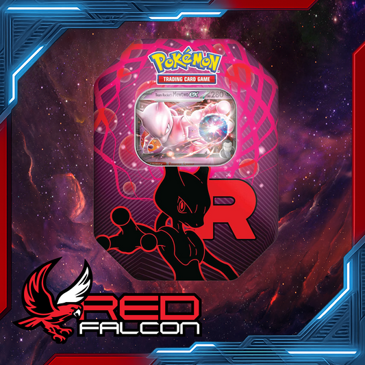 Pokémon TCG Team Rocket Tin featuring a foil promo of Mewtwo ex with booster packs and code card
