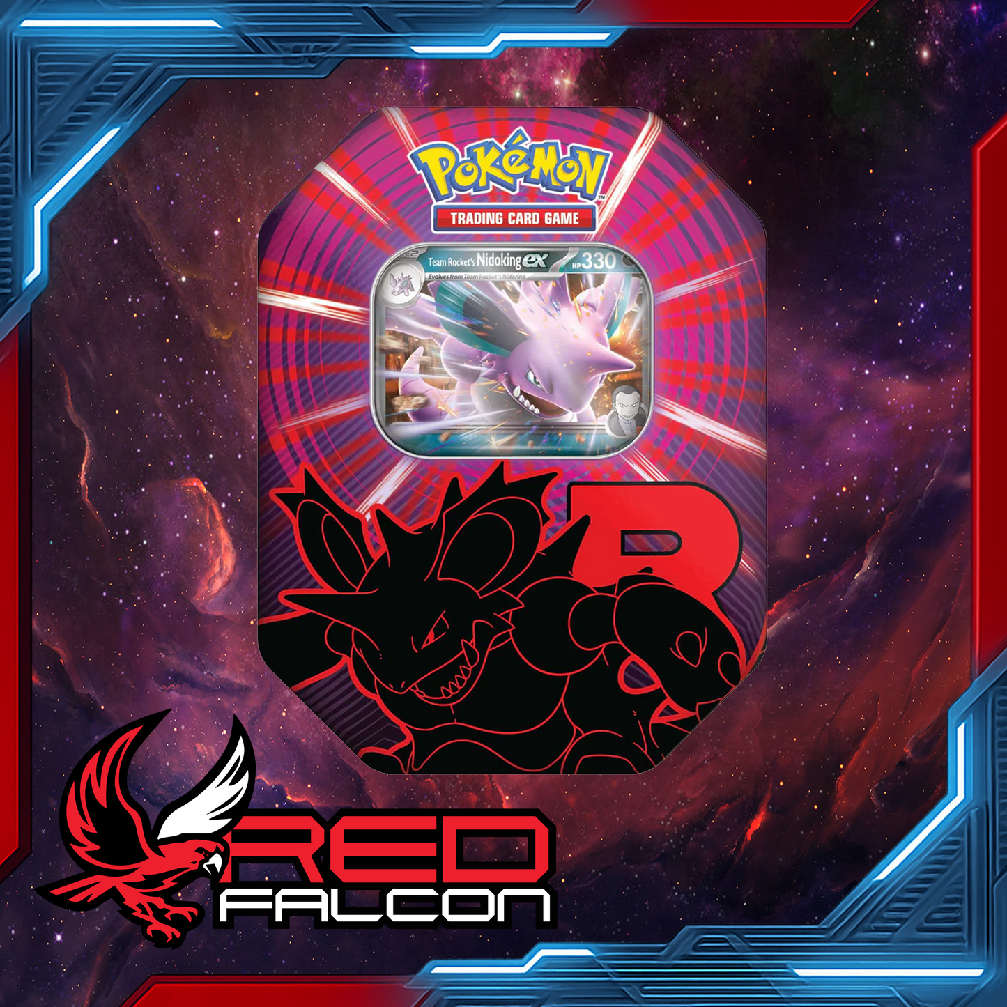Pokémon TCG Team Rocket Tin featuring a foil promo of Nidoking ex with booster packs and code card

