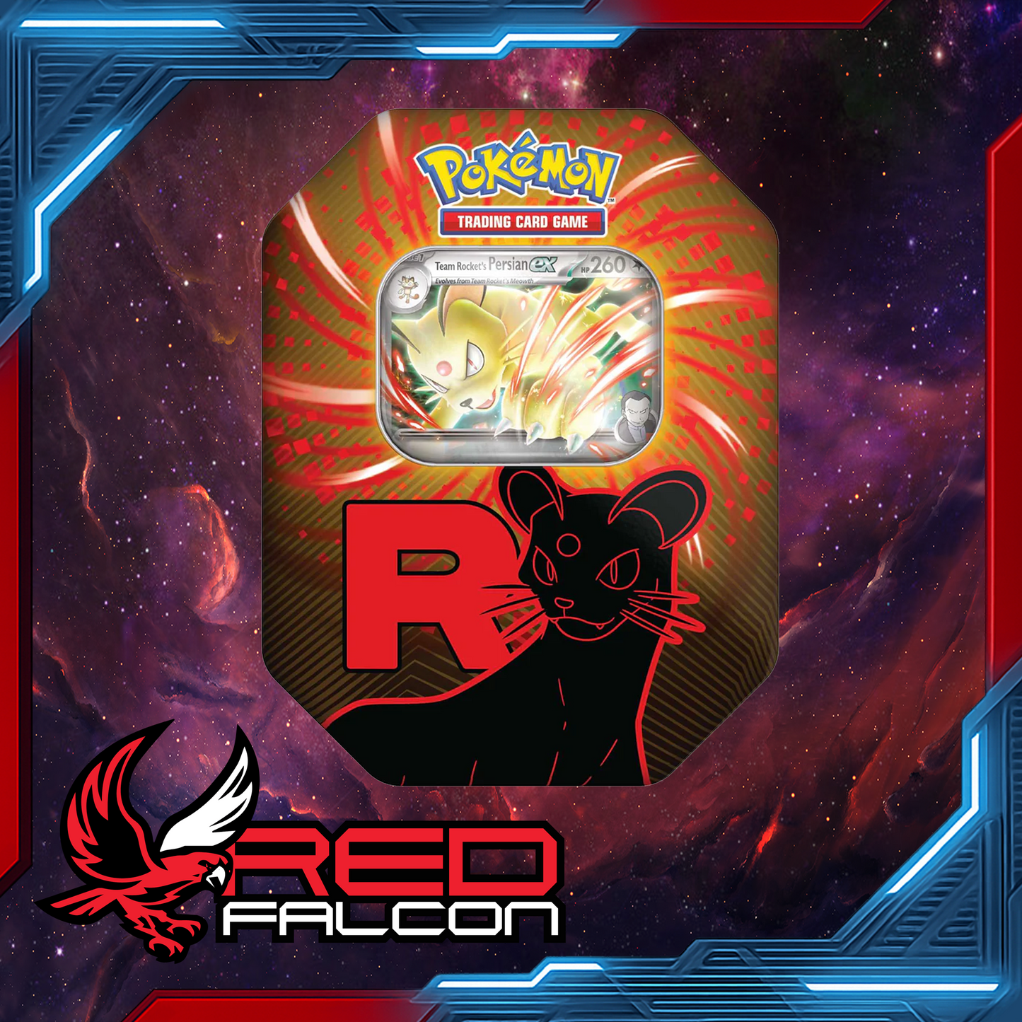 Pokémon TCG Team Rocket Tin featuring a foil promo of Persian ex with booster packs and code card
