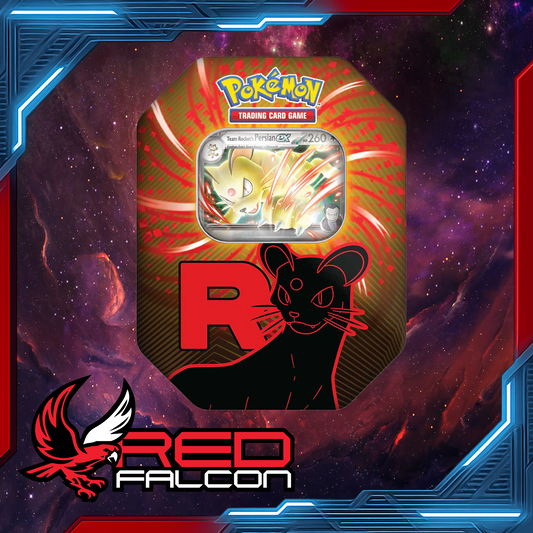 Pokémon TCG Team Rocket Tin featuring a foil promo of Persian ex with booster packs and code card

