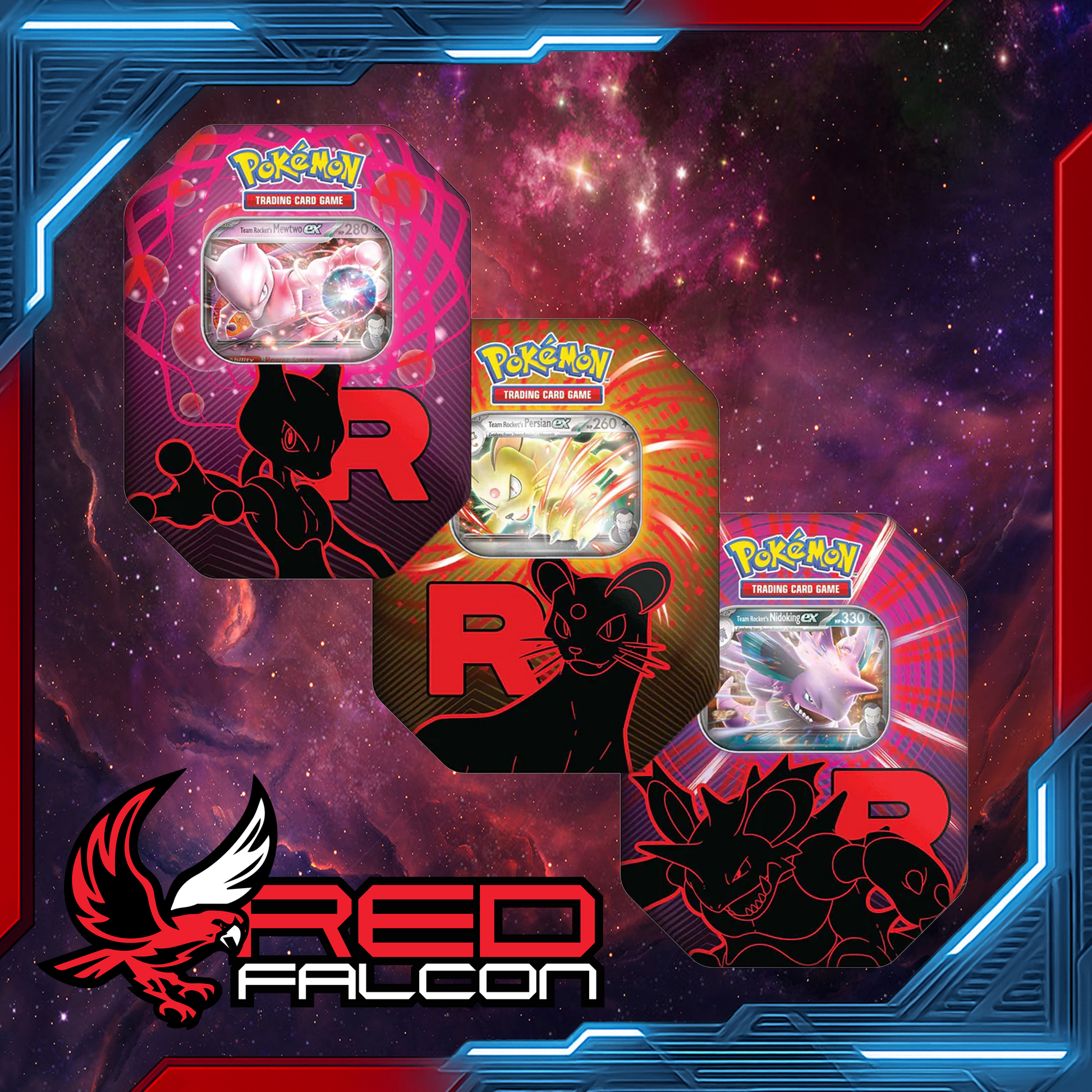 Pokémon TCG Team Rocket Tin featuring a foil promo of Mewtwo ex, Nidoking ex, or Persian ex, with booster packs and code card
