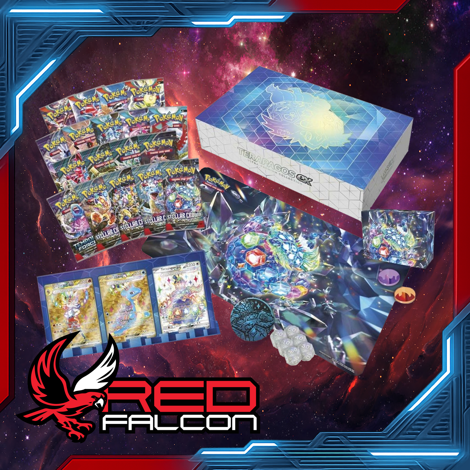 Contents of the Pokémon TCG Terapagos ex Ultra Premium Collection including promos, booster packs, playmat and metal accessories