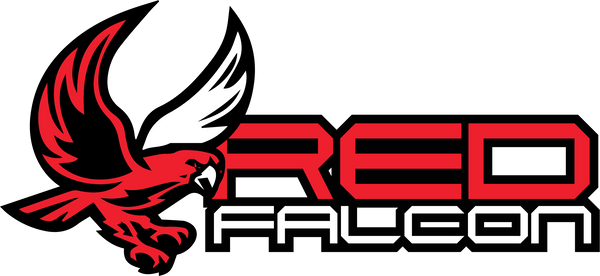 Red Falcon trading card game store logo with text
