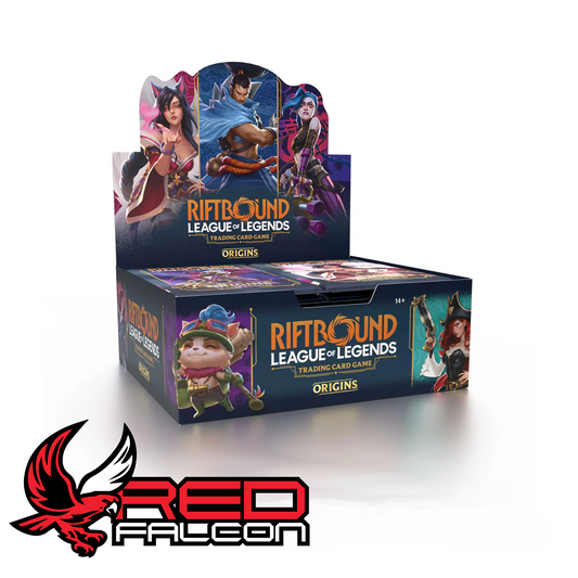 A factory-sealed 24-pack booster display box of Riftbound: League of Legends TCG Origins (Set 01) featuring Jinx and Yasuo artwork.