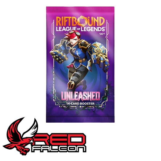 A single 14-card booster pack from the Riftbound: League of Legends TCG Unleashed expansion featuring Vi and Rengar artwork.