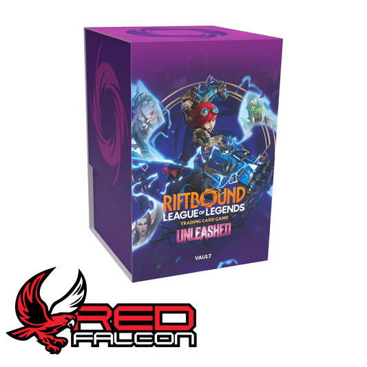 A front-facing view of the premium Riftbound: League of Legends TCG Unleashed Vault storage box featuring Vi and Rengar artwork.