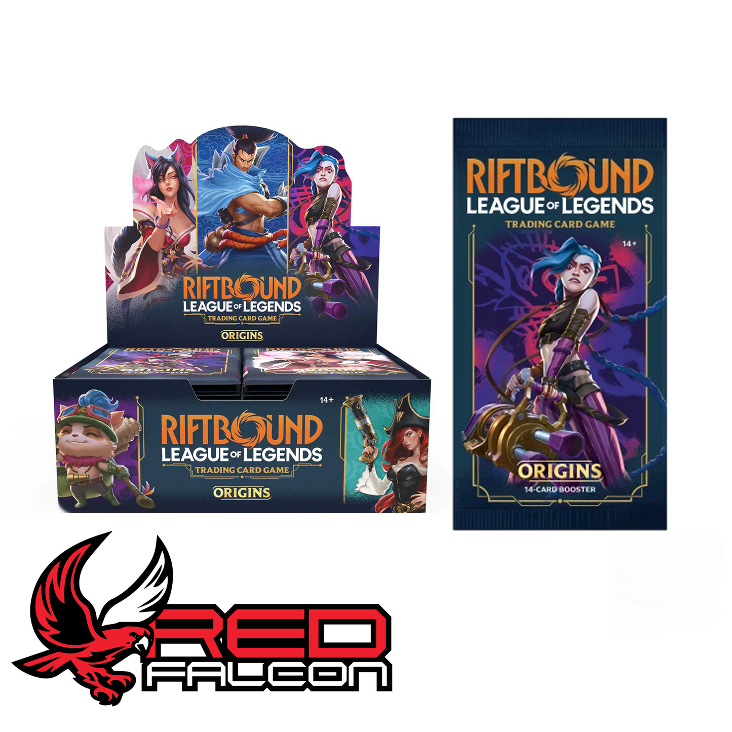 A single Origins booster pack propped up against a sealed 24-count booster display box for the League of Legends TCG.