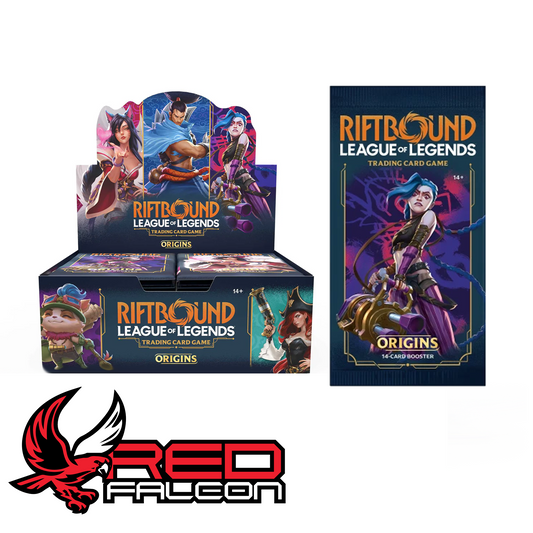 A single Origins booster pack propped up against a sealed 24-count booster display box for the League of Legends TCG.