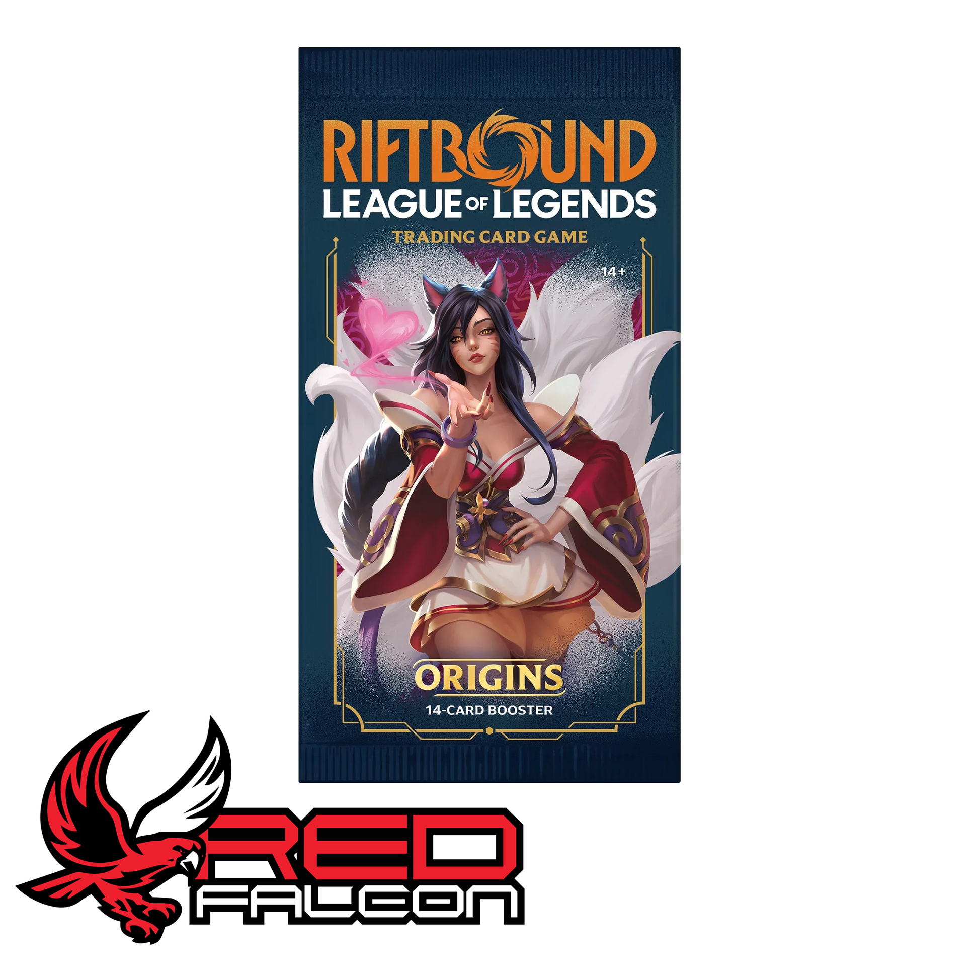 A single Riftbound: Origins booster pack featuring the Nine-Tailed Fox, Ahri, wielding her spirit orb.