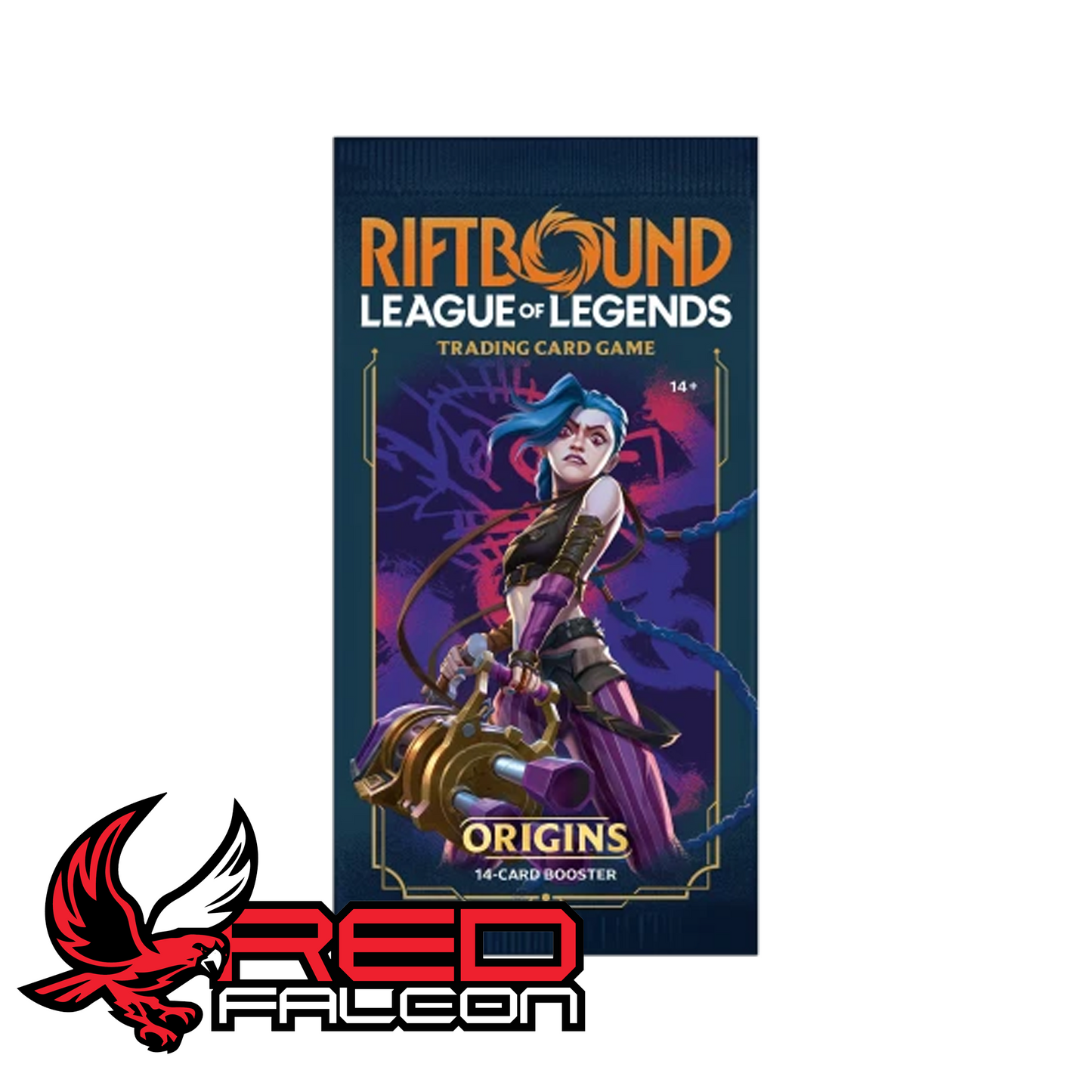 A single Riftbound: Origins booster pack featuring the chaotic Marksman Jinx with her signature weapons.