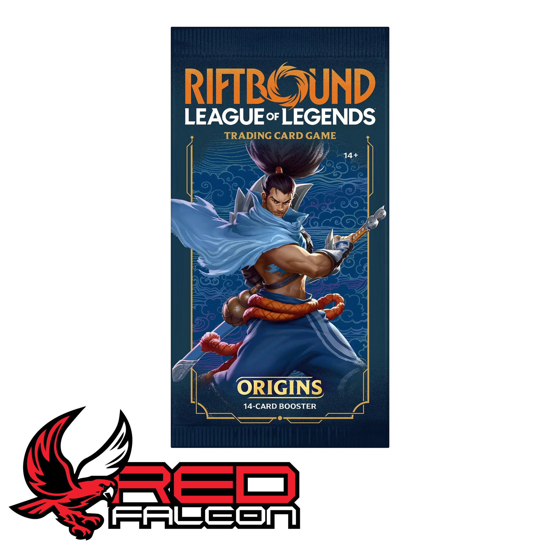 A single Riftbound: Origins booster pack featuring Yasuo, the Unforgiven, wielding his blade and the power of the wind.