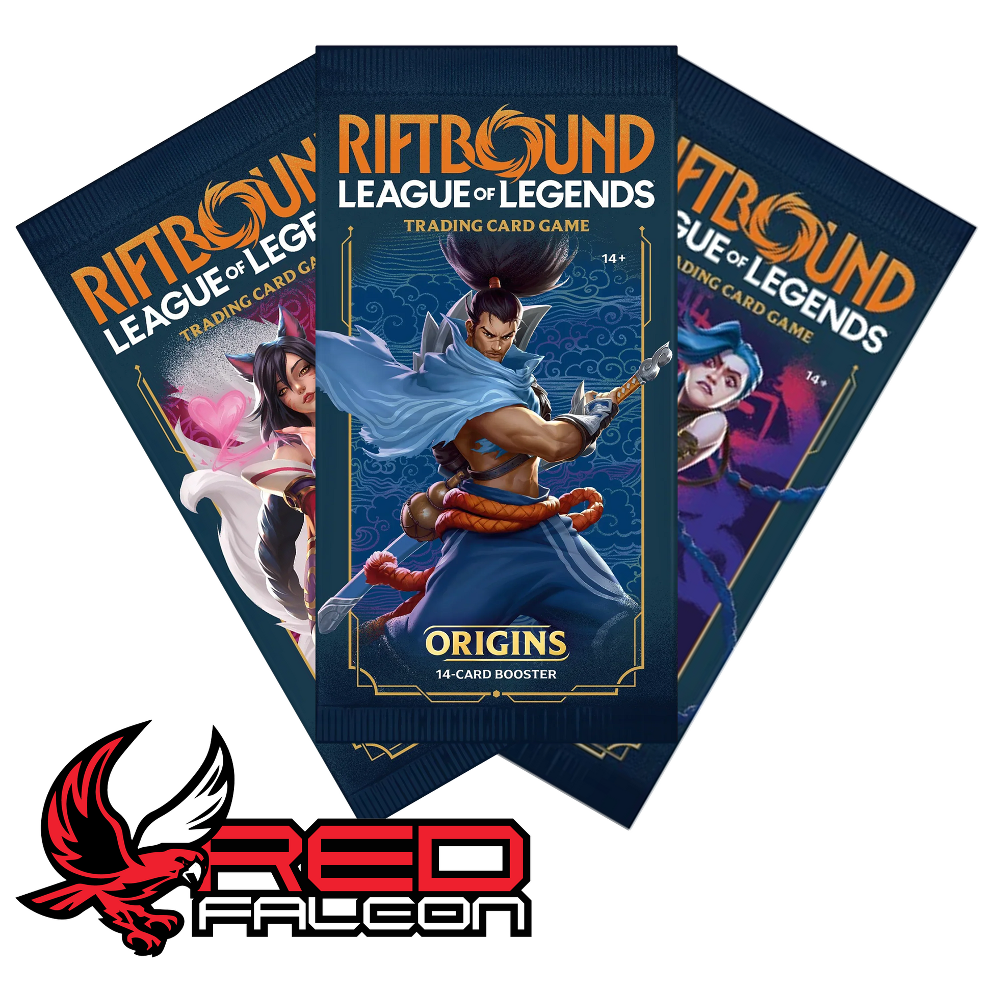 A spread of all three booster pack art variants for Riftbound Origins, featuring Jinx, Yasuo, and Ahri.