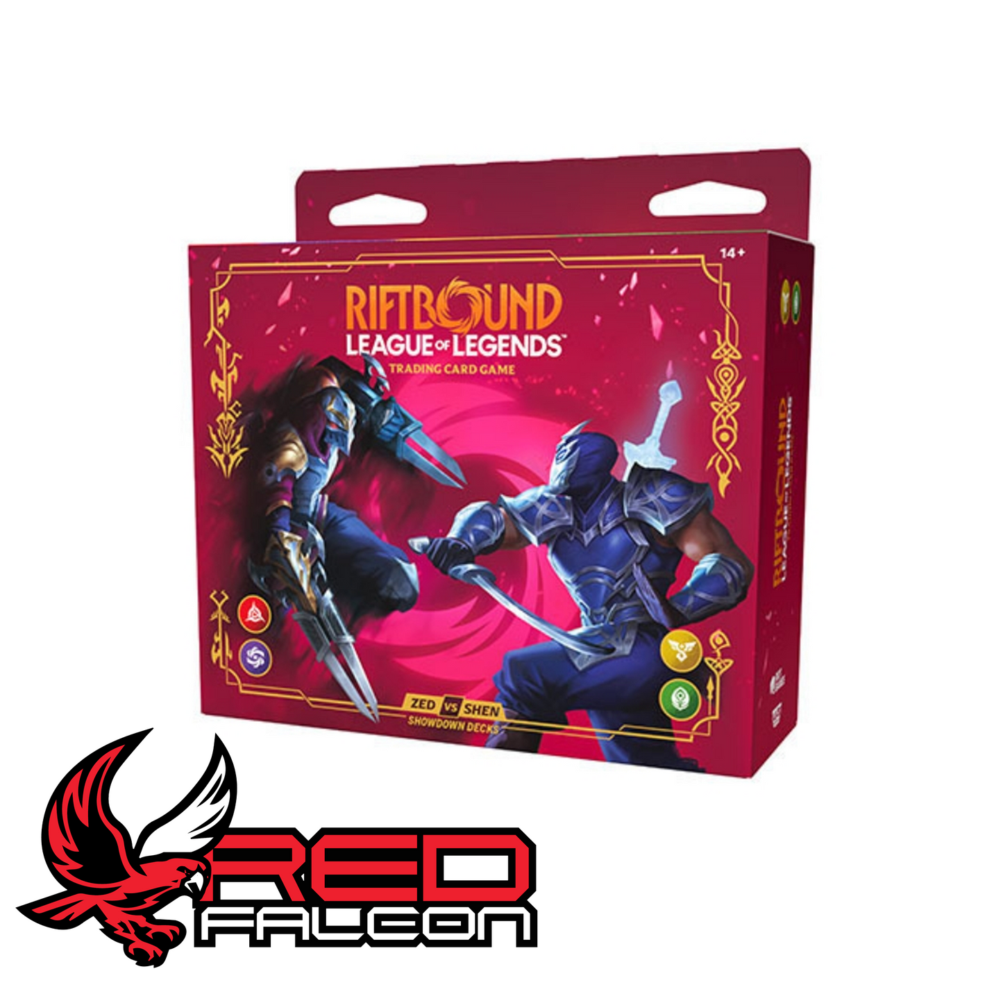 An angled three-quarter studio shot of the Riftbound TCG Vendetta Showdown Decks box showing the front packaging and side artwork.