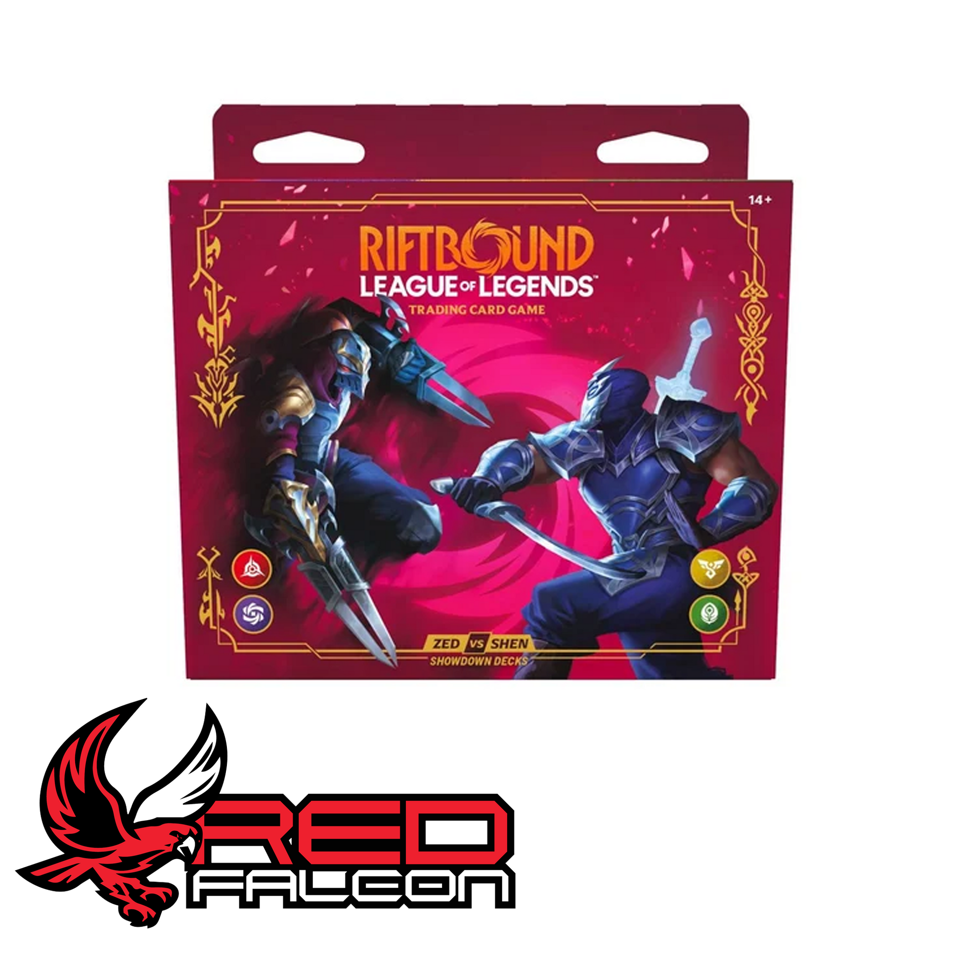 The direct front view of the official factory-sealed Riftbound TCG Vendetta Showdown Decks box featuring Zed and Shen artwork.