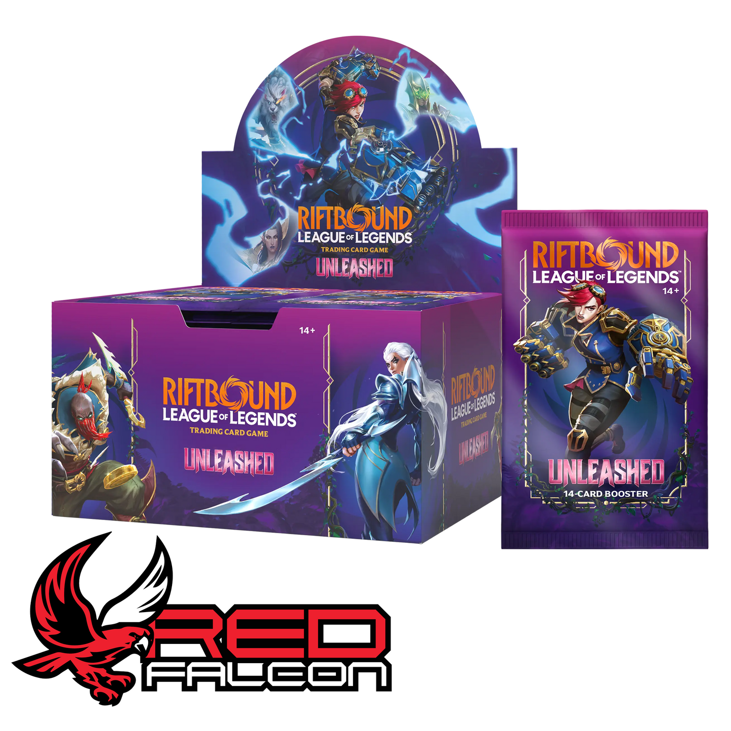 An individual Unleashed booster pack propped up against a sealed 24-count booster display box.